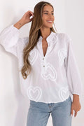 Chemisier Och Bella en coton blanc avec broderie cœur, manches longues bouffantes, col en V, boutons devant, pour femme, été 2023