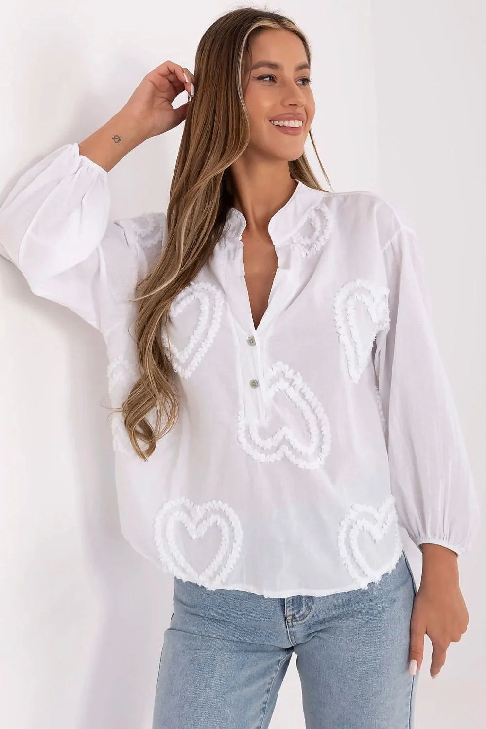 Chemisier Och Bella en coton blanc avec broderie cœur, manches longues bouffantes, col en V, boutons devant, pour femme, été 2023