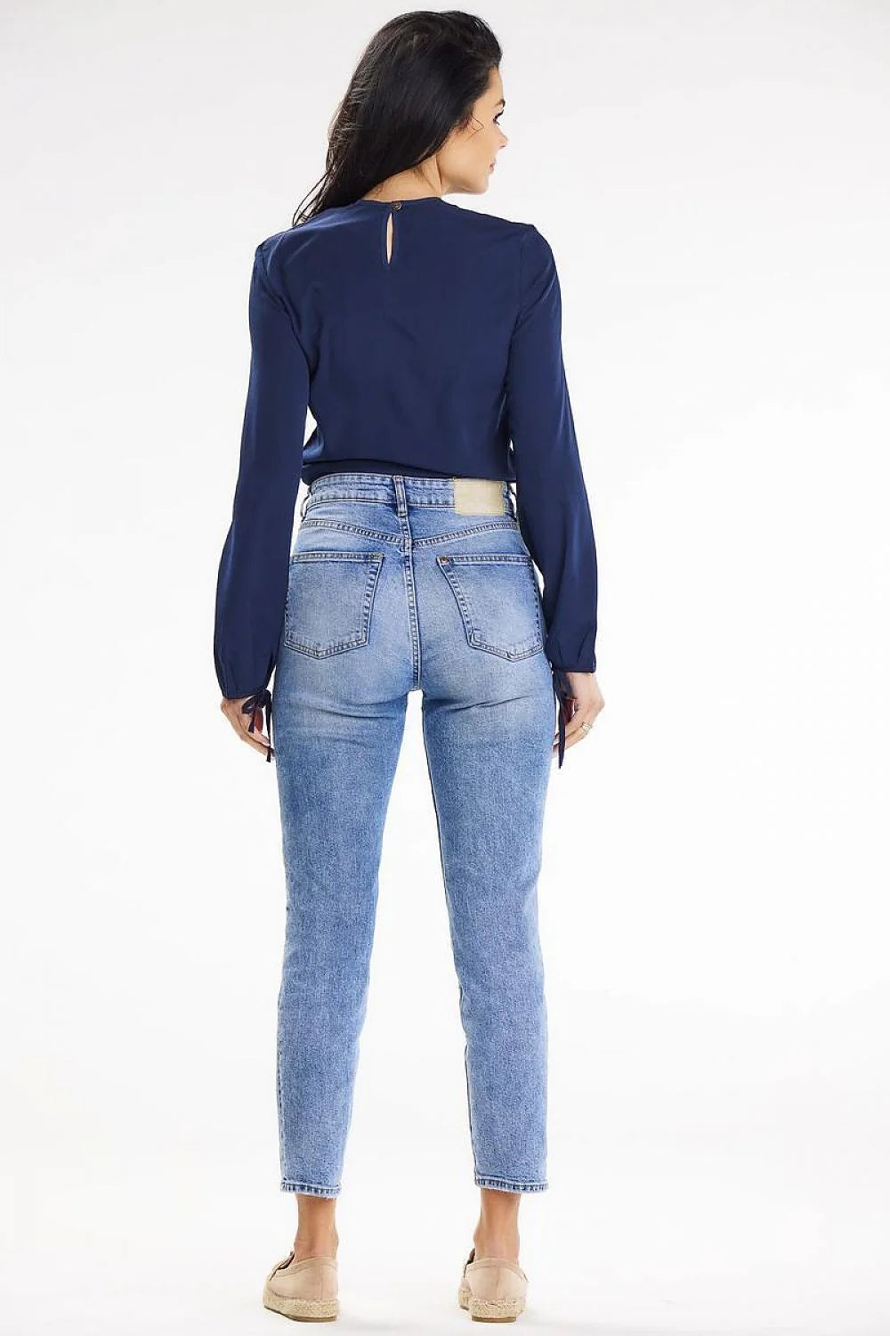 Chemisier femme élégant manches longues nouées col rond poche poitrine polyester élasthanne bleu marine taille ajustable occasion bureau soirée