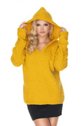 pull capuche femme jaune moutarde oversize maille grosse douce duveteuse ample tunique col V large manches longues