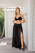 Ensemble de plage élégant deux pièces bikini haut maillot jupe longue transparente noire doré femme