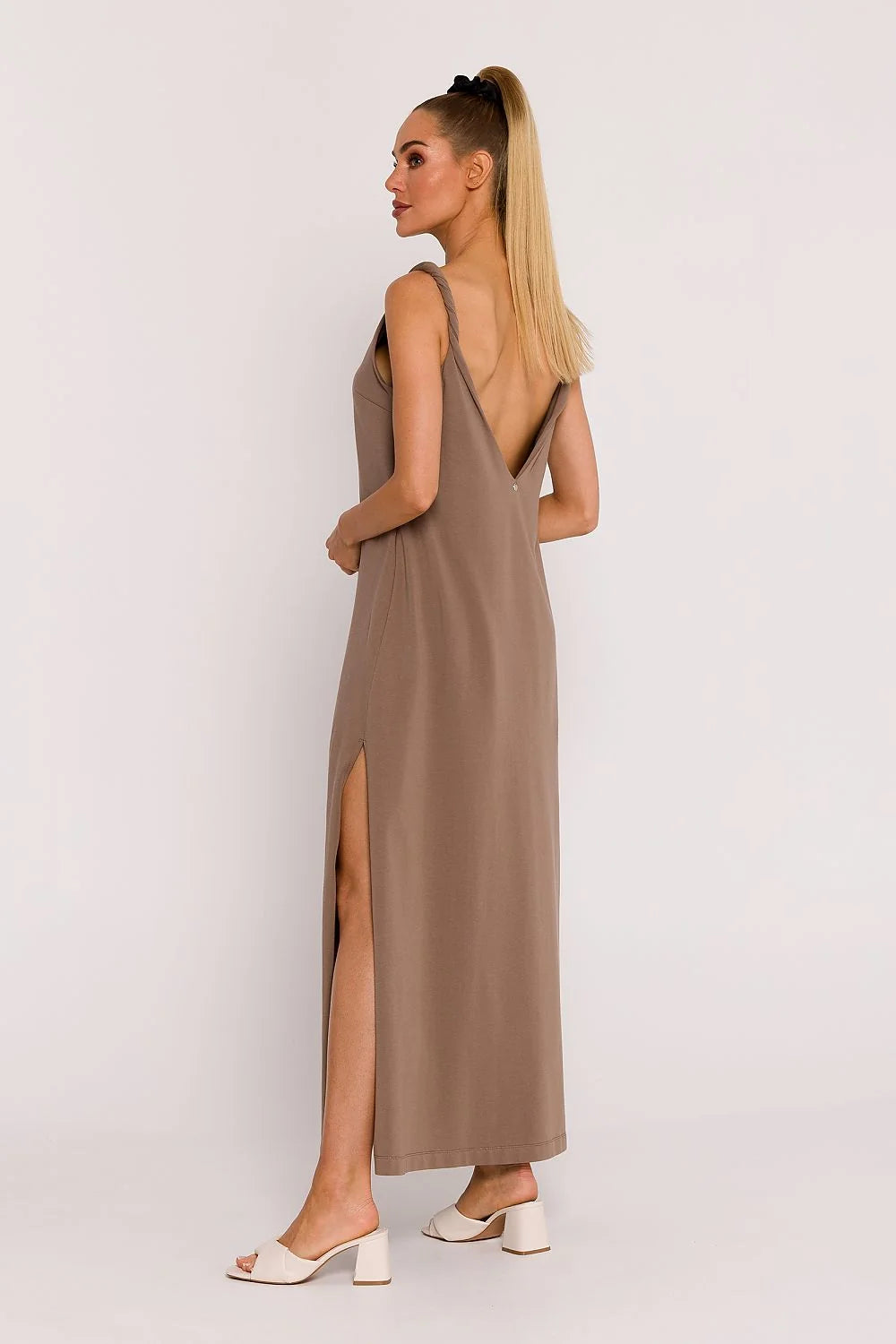 Robe de jour Moe oversize maille maille femme V-neck fentes genoux coton taupe Pologne