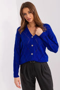 cardigan femme bleu cobalt col V boutonné maille tricotée motif losanges ajourés manches longues bords côtelés boutons argentés texture douce