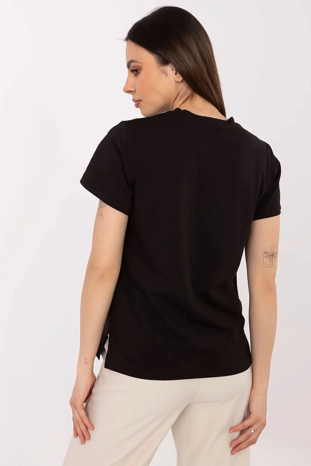 T-shirt femme design artistique papillon doré style casual manches courtes col rond coton élasthanne noir finition métallique