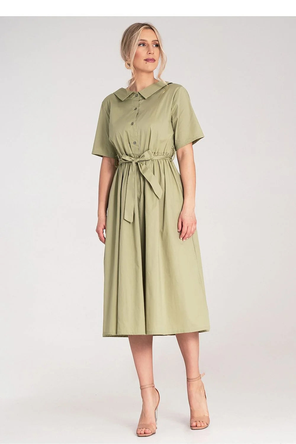 Robe midi coton 100% ceinture amovible manches courtes élégance décontractée vert olive taille ajustable femme