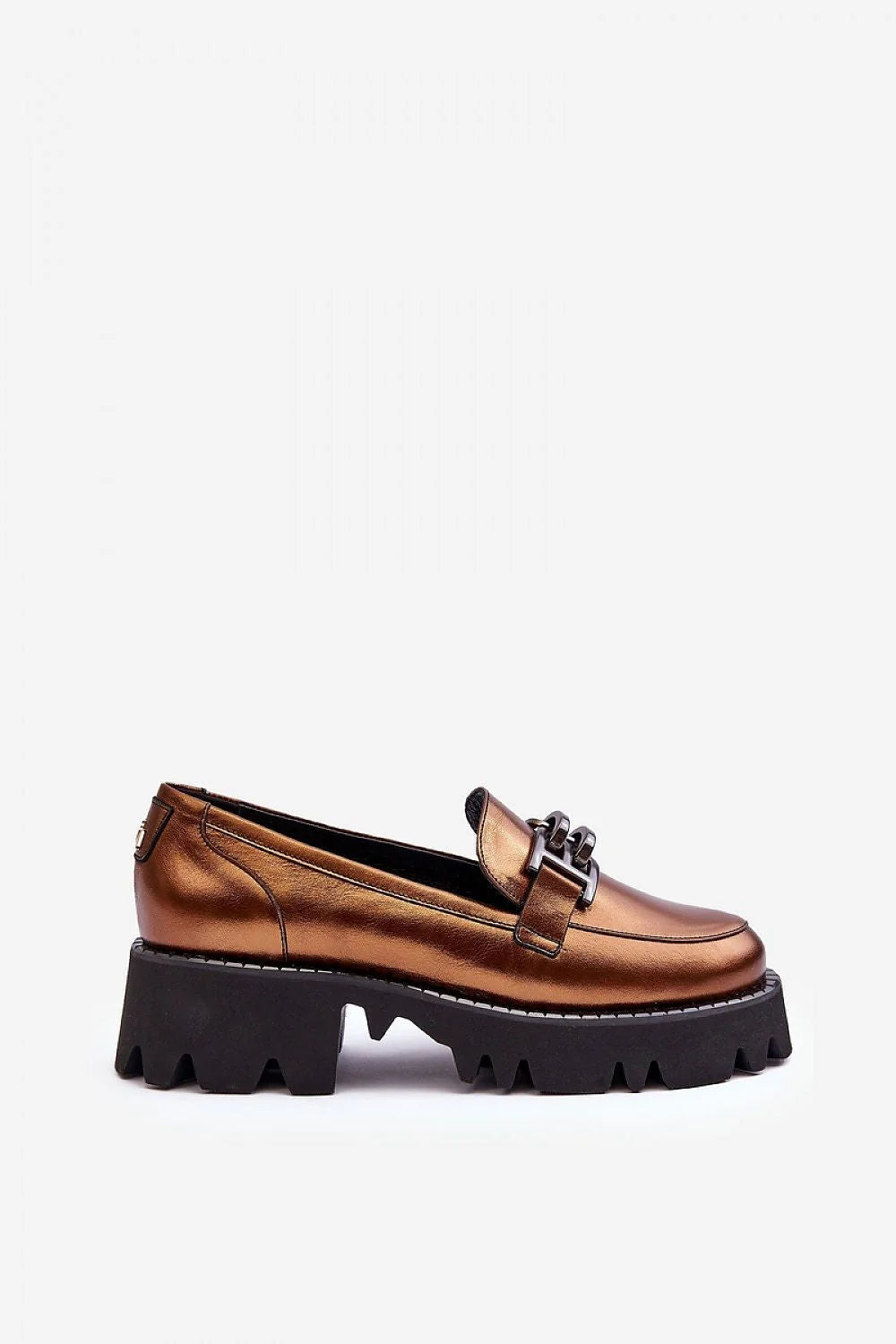 Chaussures basses pour femmes style loafer cuir métallique bronze plateforme épaisse design moderne audacieux