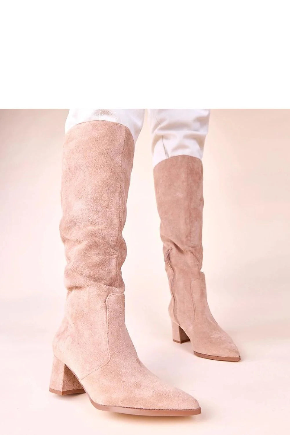bottes hautes femme beige suédine talon bloc 6cm tige 38cm bout pointu froncée fermeture éclair intérieure confortable écoresponsable Gemre Shane