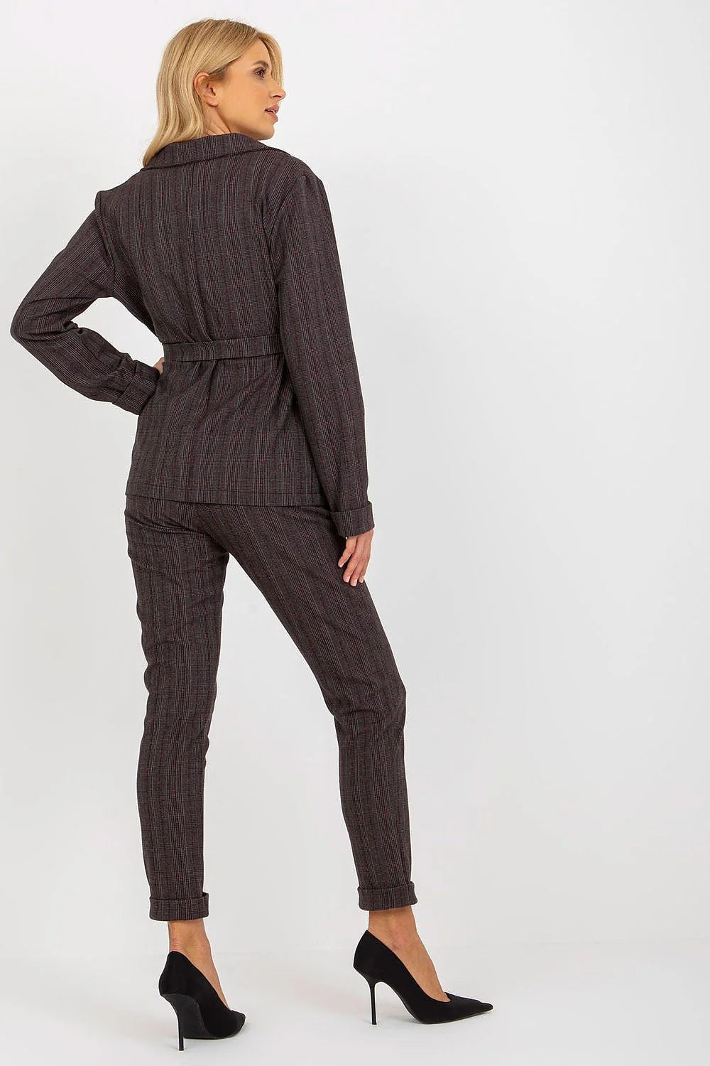Veste Lakerta pour femme blazer à carreaux manches longues ceinture à nouer coupe droite tissu gris foncé accents rouge polyester viscose elasthanne tailles 36-42