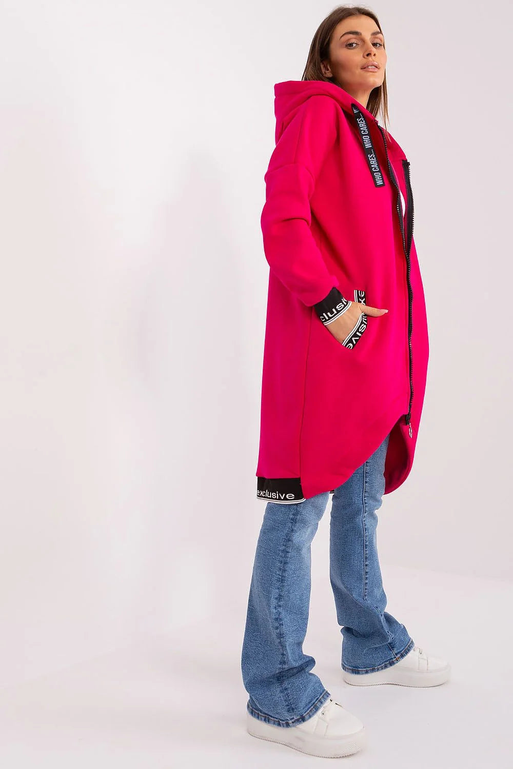Manteau style urbain long pour femmes, couleur rose vif, capuche, fermeture éclair, poches zippées, tissu coton polyester