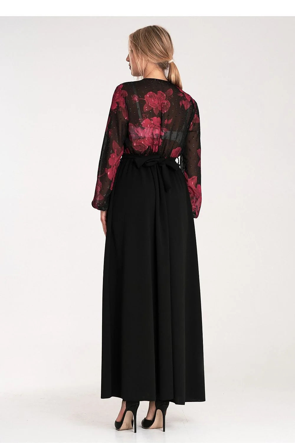 robe longue soirée cocktail noire chiffon plumetis imprimée grandes roses bordeaux cachecoeur manches ballon taille haute ceinture double boucle dorée