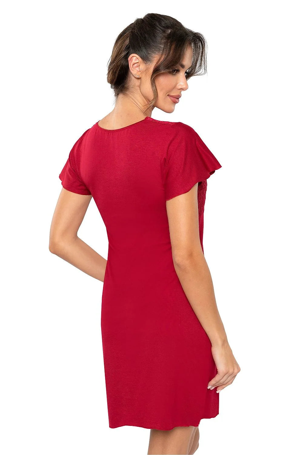 Robe de nuit élégante couleur rouge vif décolleté en V dentelle manches courtes longueur mi-cuisse femme