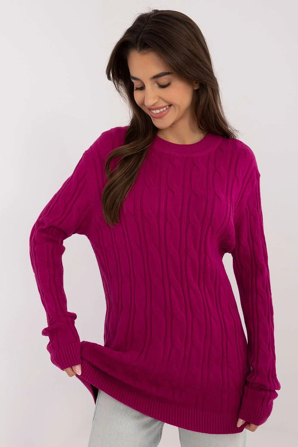Pull pour femme style torsadé longue manches magenta texture élégante coton laine côtelé col rond