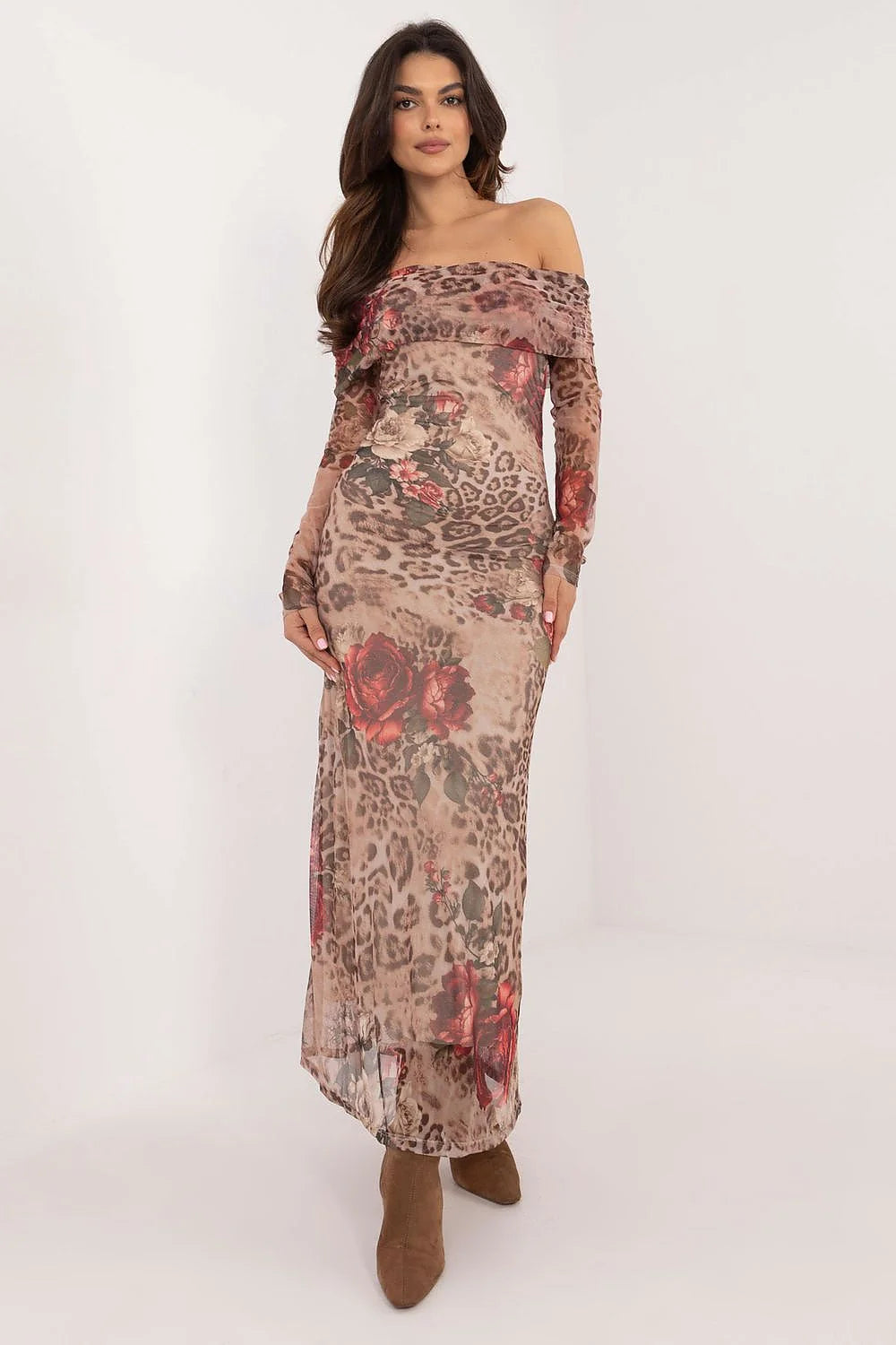 Robe de soirée élégante longue style off-the-shoulder imprimé léopard fleurs rouges et roses manches longues ourlet long taille ajustable polyester stretch femme