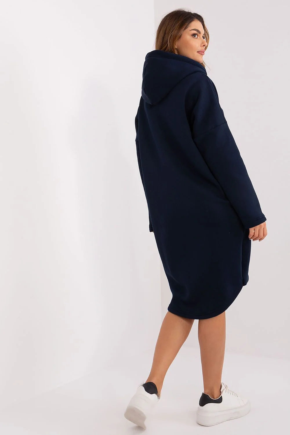 Veste longue pour femme style moderne couleur bleu marine coupe oversize fermeture éclair capuche en tissu coton polyester veste Casual Hiver Élégance Décontractée
