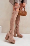 Bottes longues style sur le genou plateforme talon épais suédine écologique beige taupe femmes confort