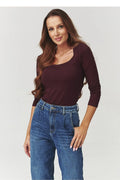 chemisier femme manches longues jersey extensible bordeaux coupe slim col carré asymétrique stretch doux viscose elasthanne italien soyeux élégant