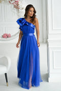 Robe longue asymétrique bleu électrique en mousseline avec bretelle roulée et ceinture satinée pour femme