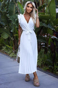 robe cocktail longue portefeuille blanche plissée fluide bohème chic décolleté V profond volants épaules ceinture nouée taille ajustable