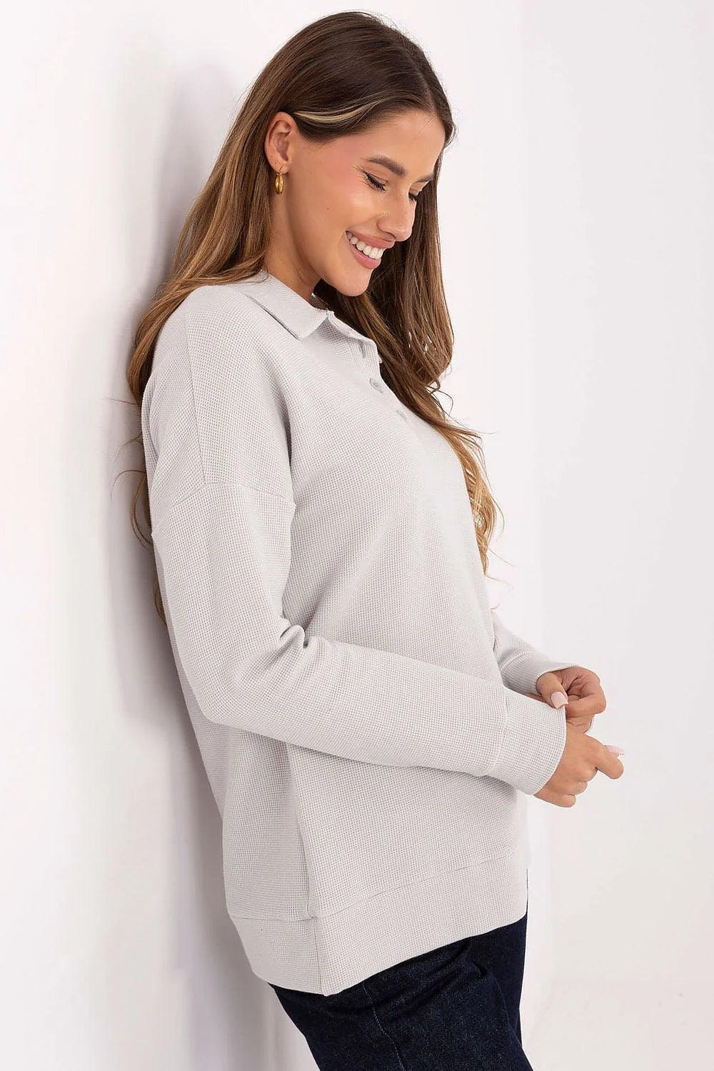 polo femme coton élasthanne maille gaufrée texturée thermique col polo patte trois boutons manches longues épaules tombantes oversize