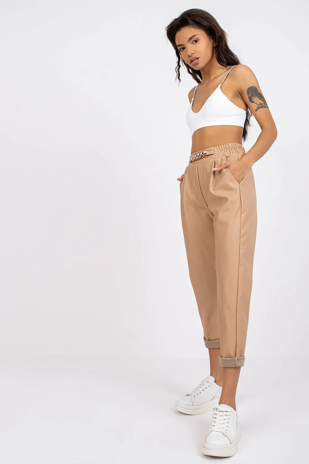Pantalon Femme Italie Moda Cuir Écologique Rose Taille Haute Élastique Poches Curseurs Chaines Décoratives Occasions Formelles ou Casuals