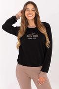 sweat femme casual manches longues col rond coupe droite légèrement ample coton polyester maille douce broderie subtile finitions contrastées noir