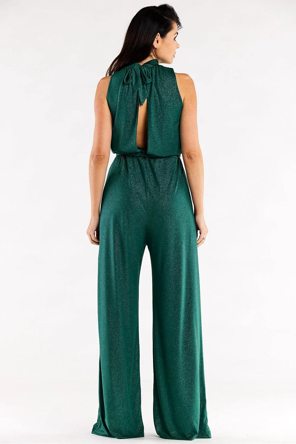 Combinaison awama femme élégante moderne noire scintillante sans manches col noué taille élastiquée occasion spéciale soirée