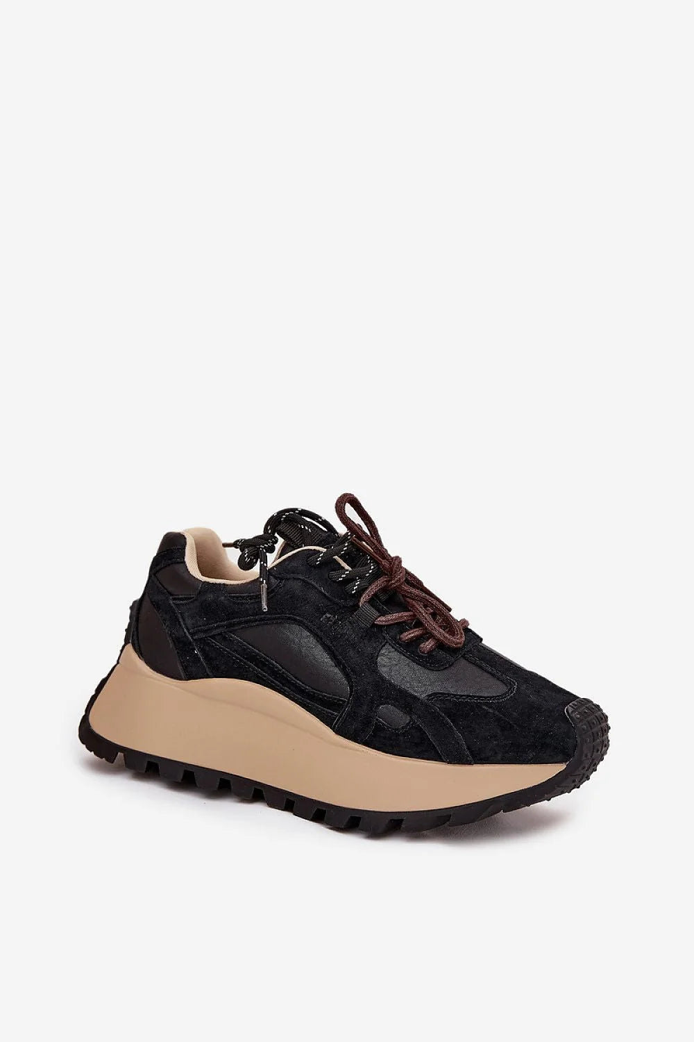 sneakers femme BigStar cuir suède noir empiècements mesh lacets marron plateforme compensées semelle crantée antidérapante col matelassé amortissante