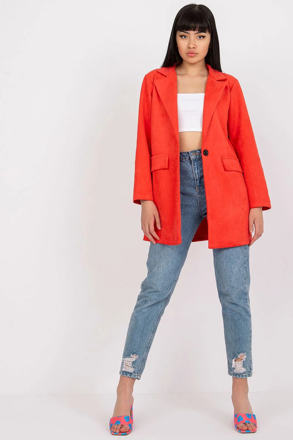 Veste pour femme moderne en imitation daim couleur pêche, style épuré, coupe droite, idéale pour toutes occasions, polyester et élasthanne, manches longues, poches à rabat, fermeture à glissière, look élégant et confortable