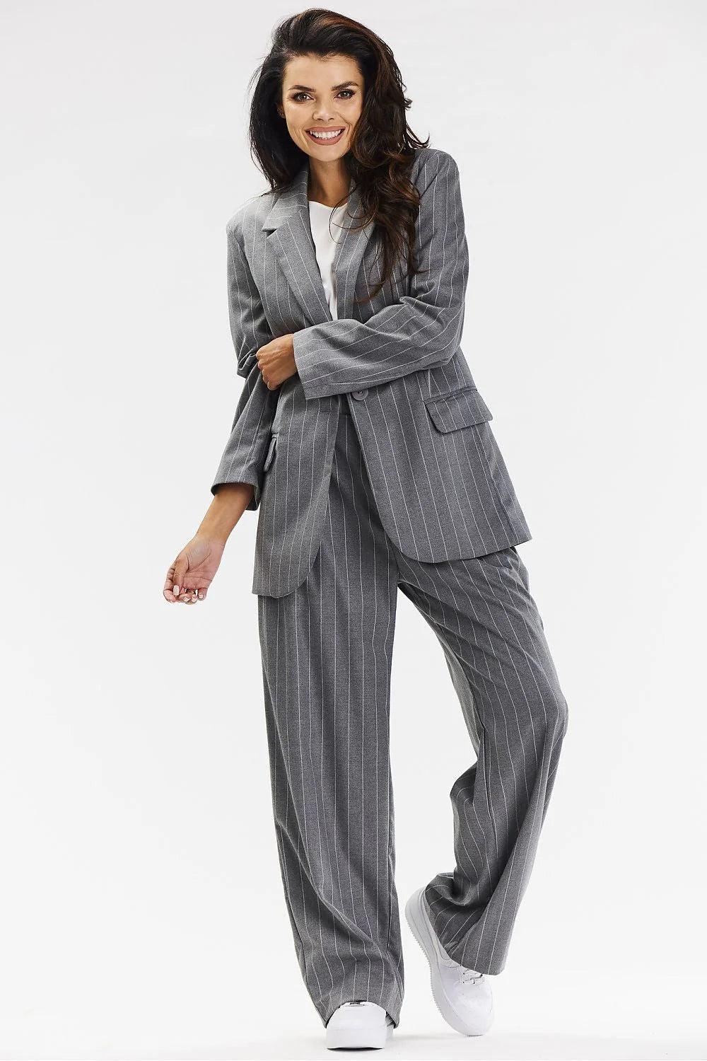 pantalon femme awama taille haute palazzo pinces fluide large gris anthracite rayures blanches structuré ceinture élastiquée poches latérales élégant bureau