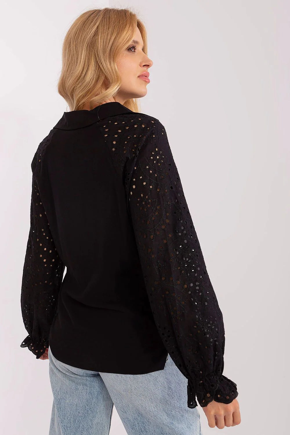 Chemisier Lakerta élégant pour femme manches longues motif ajouré viscose 100% noir polyvalent occasionnels