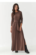 robe maxi viscose stretch manches longues ceinture nouée taille fentes latérales encolure ronde fluide décontractée élégante polyvalente marron bordeaux kaki
