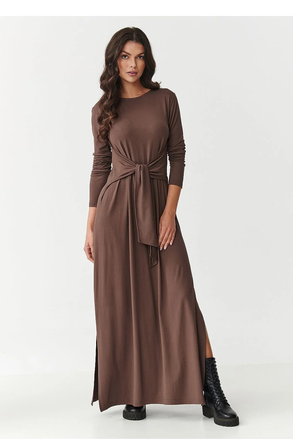 robe maxi viscose stretch manches longues ceinture nouée taille fentes latérales encolure ronde fluide décontractée élégante polyvalente marron bordeaux kaki
