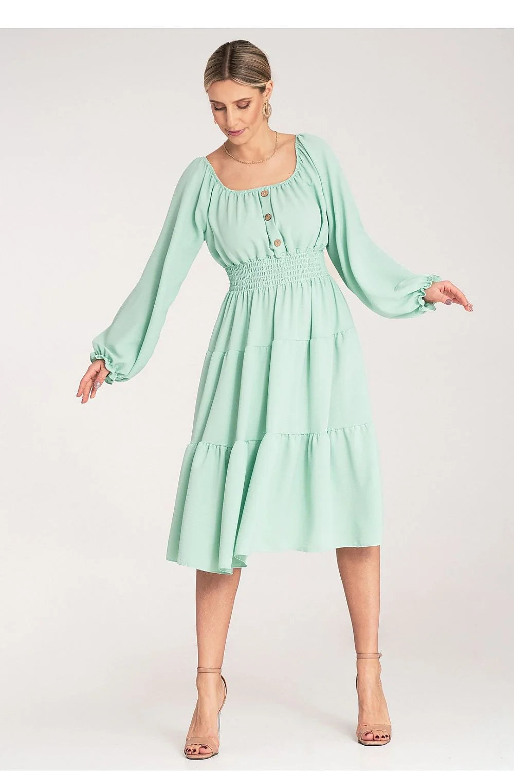 Robe femme vert menthe longue manches bouffantes élastique taille smockée polyester elasthanne occasion estivale mode féminine