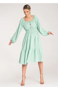 Robe femme vert menthe longue manches bouffantes élastique taille smockée polyester elasthanne occasion estivale mode féminine
