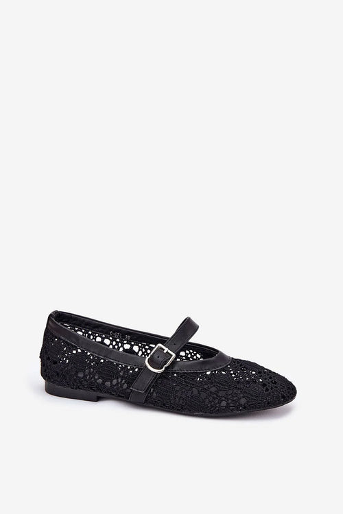 Ballerines féminines élégantes en dentelle noire tige ajourée sangle métallique argentée semelle plate cuir artificiel femmes