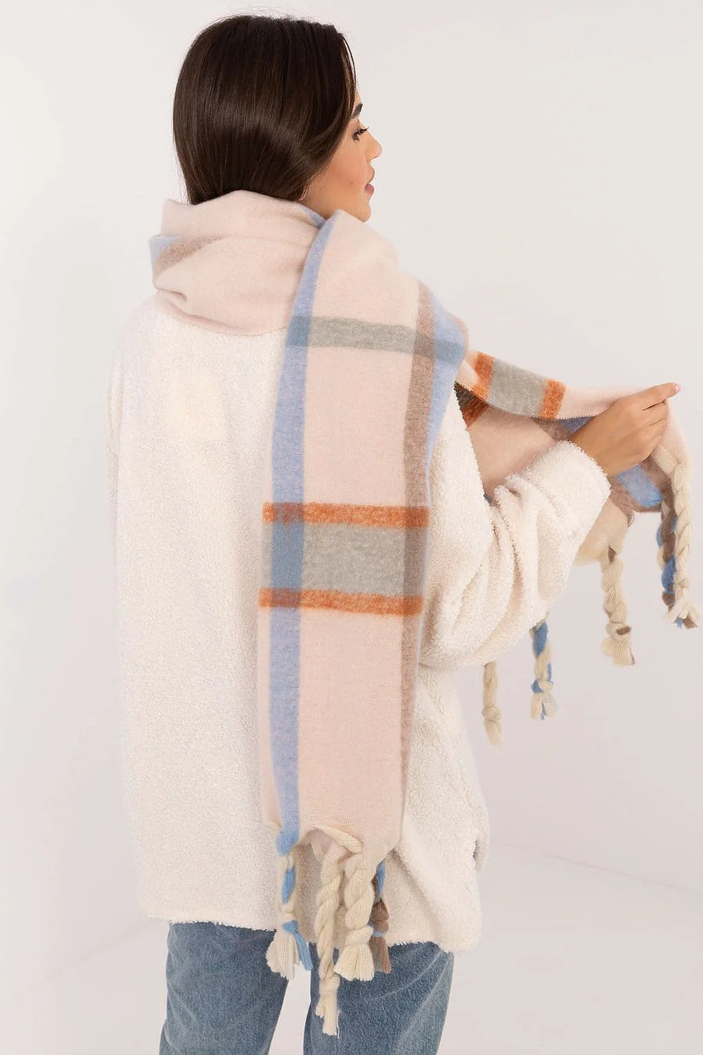 Châle écharpe rayures pastel doux tissu polyester 180cm franges torsadées style élégant décontracté hiver mi-saison femmes