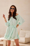 Robe de jour féminine style décontracté en vert menthe encolure Bardot manches longues bouffantes ceinture ajustable