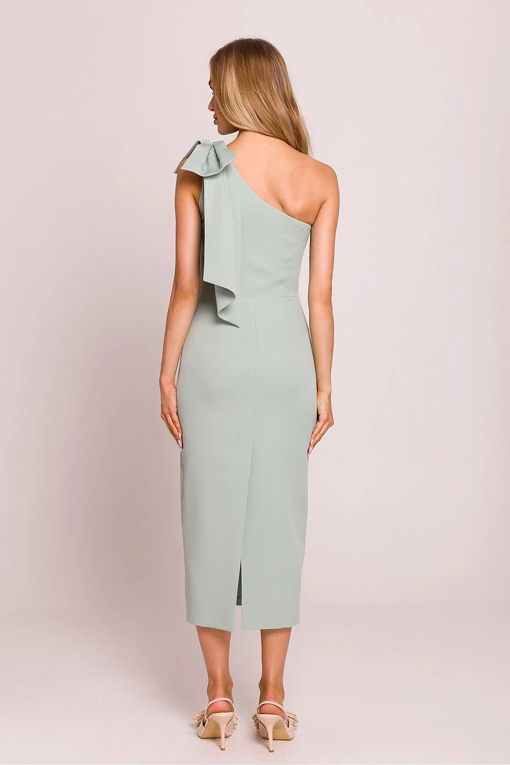 Robe de cocktail élégante vert pâle ajustée épaule asymétrique nœud décoratif taille cintrée polyester spandex femme