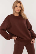 Sweatshirt et pantalon assortis pour femme, style casual chic, coupe ample, épaules tombantes, couleur brun chocolat, coton polyester, finitions côtelées, polyvalent