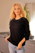 Sweatshirt femme en coton noir Mirale rose en tissu épaule gauche coupe oversize manches longues élasthanne