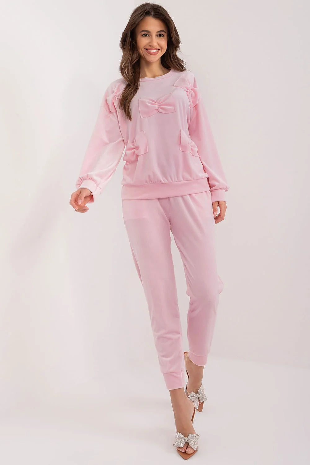 ensemble femme Italy Moda velours rose pâle douce luxueuse sweatshirt manches longues pantalon jogger taille élastique chevilles resserrées