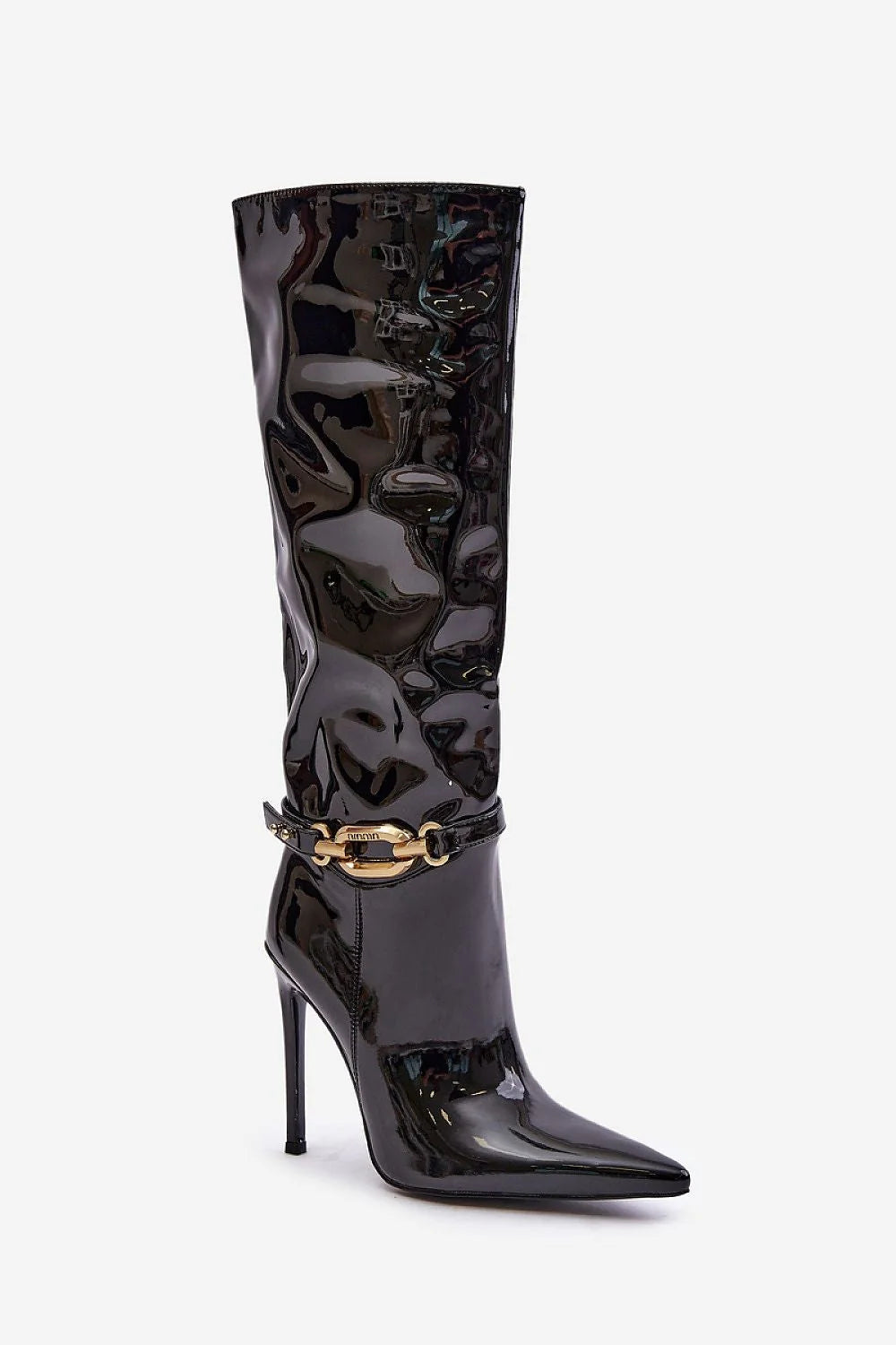 Bottes élégantes pour femmes talon aiguille cuir verni noir design moderne décoratif boucle dorée occasion spéciale