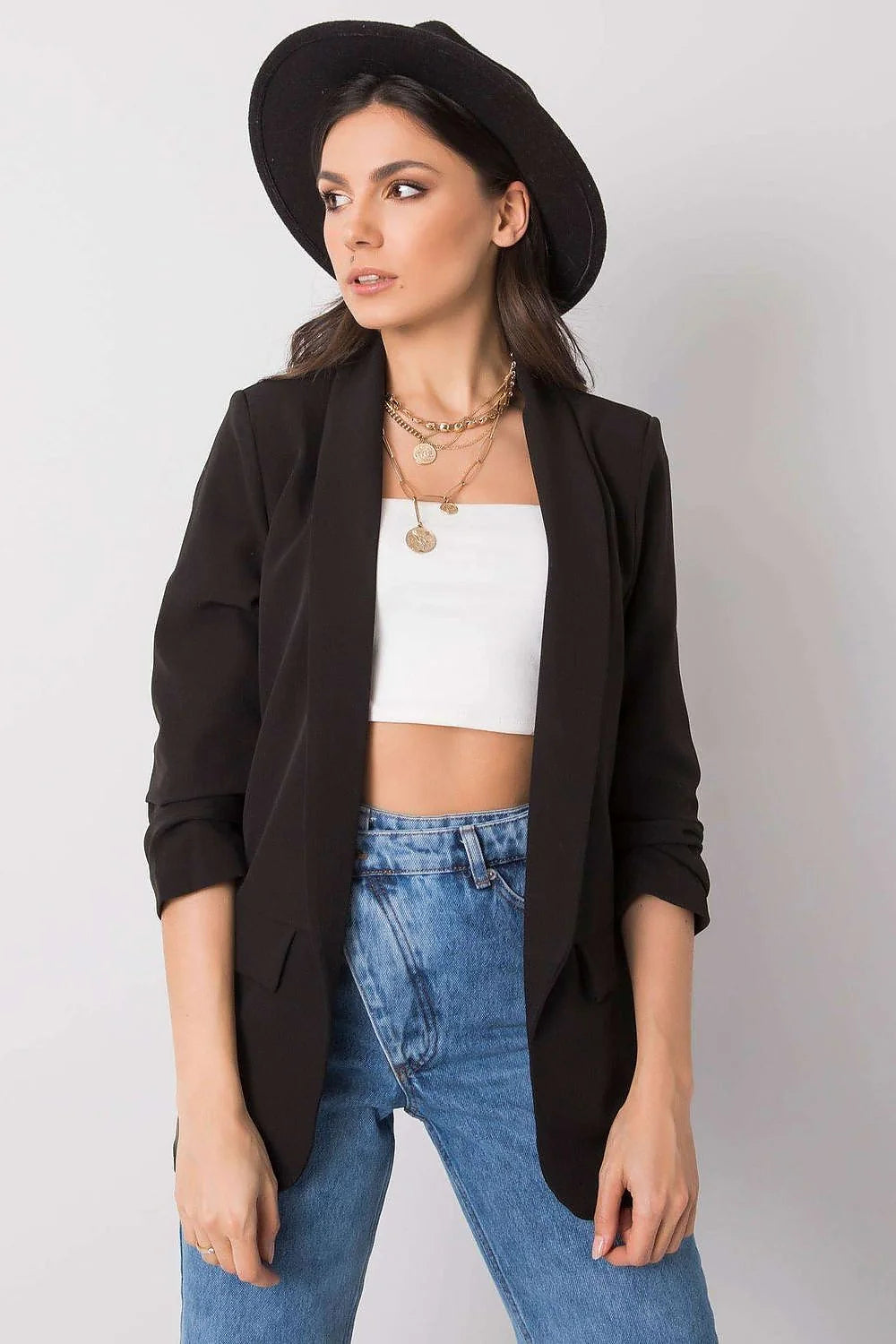 Blazer femme crêpe fluide élégant marron cognac ajusté manches retroussées col châle poches rabat