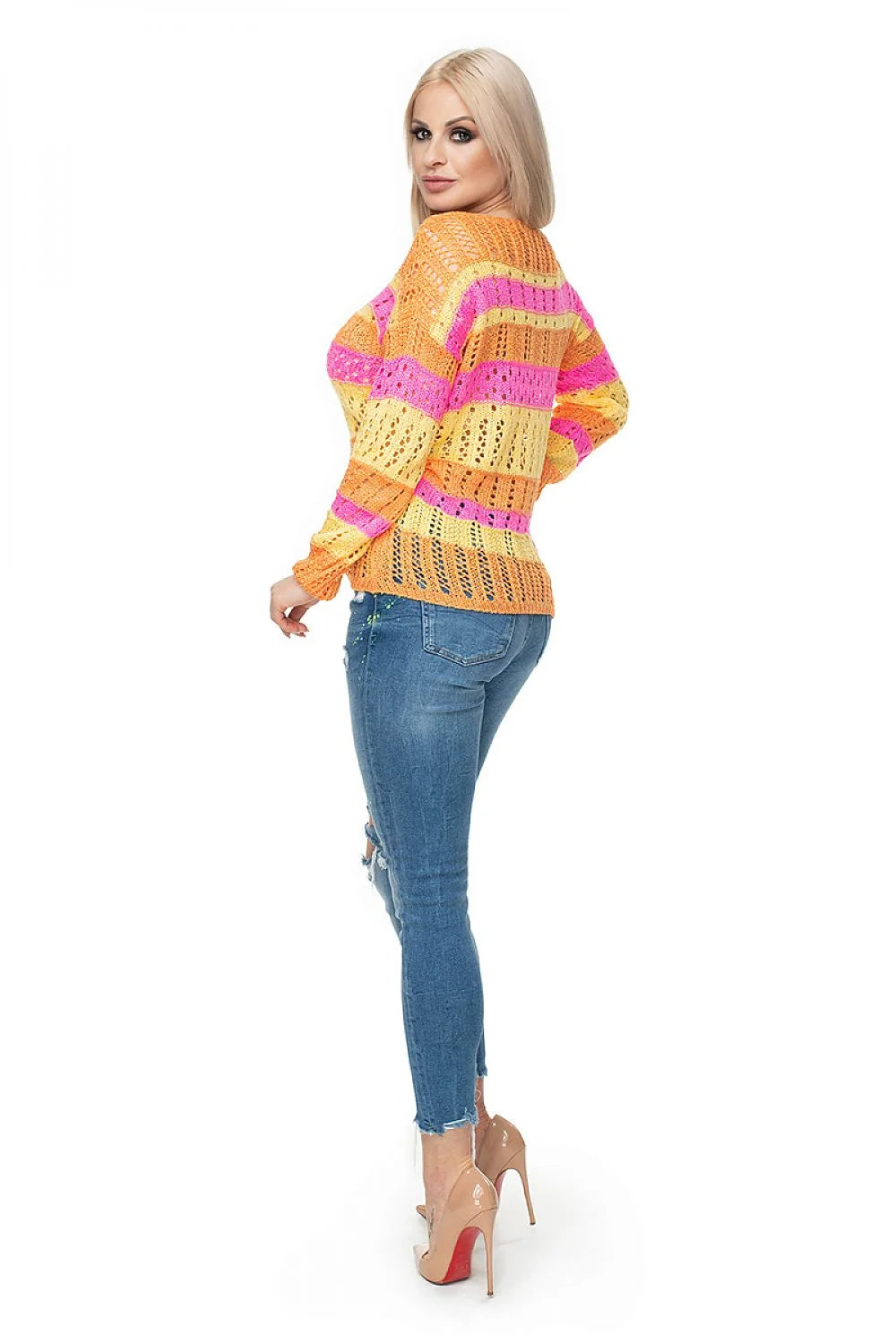 Pullover féminin maille ajourée rayures colorées orange rose jaune manches longues col rond coupe ample maille respirante vêtement mode été printemps