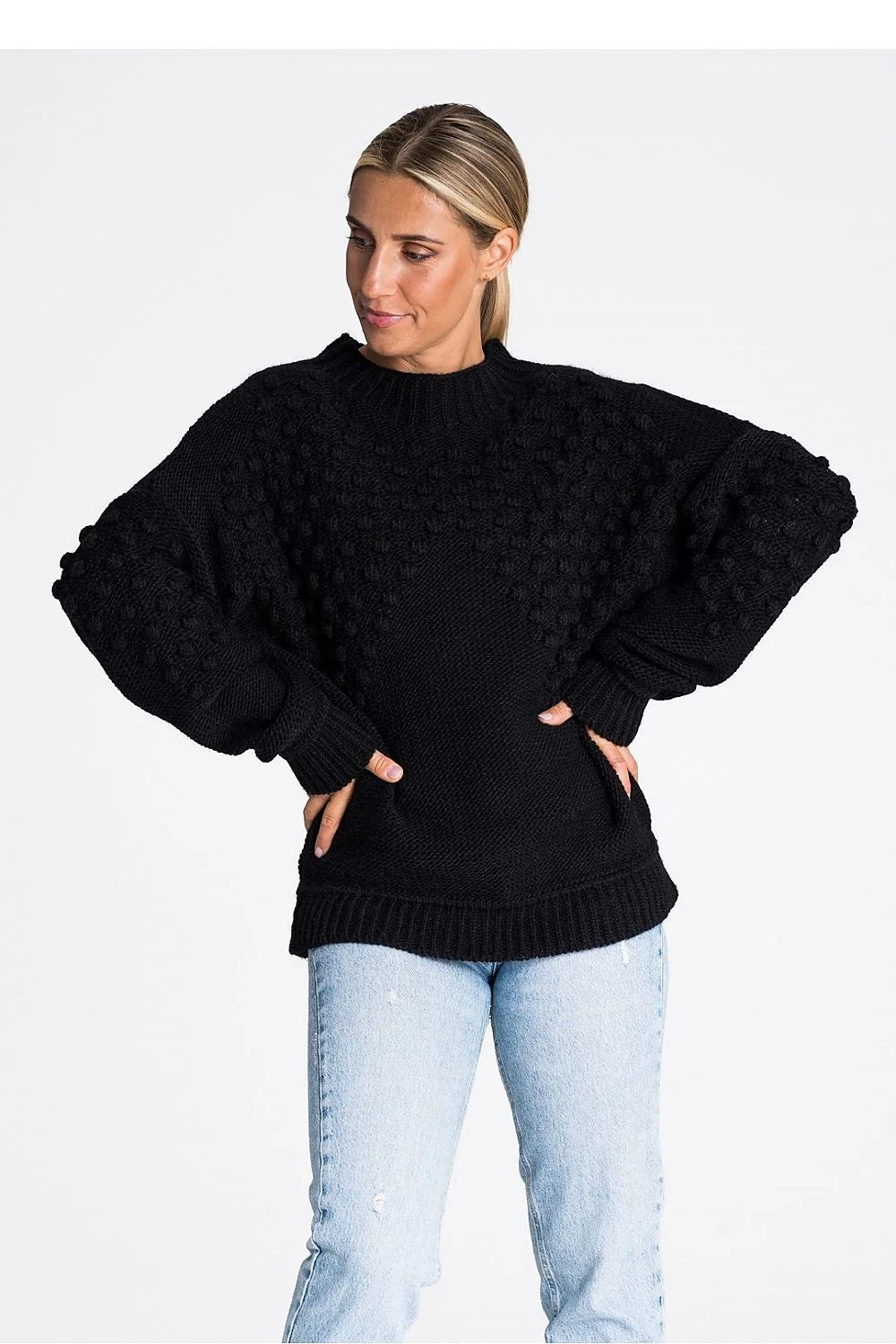 Pull Chandail Figl pour femmes, design moderne texture manches longues motifs en relief élastique noir acrylique nylon confort style