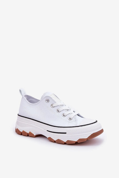 Baskets à plateforme Step in style en toile blanche, semelle marron gomme, laçage métallique, confortable, style urbain, sneakers femmes