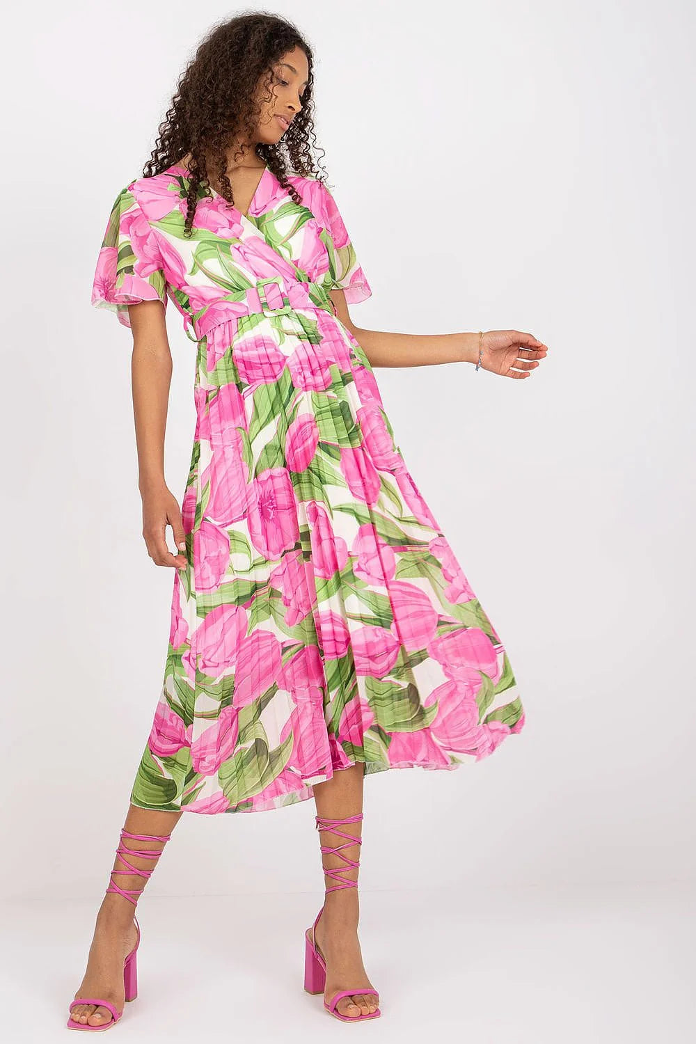 Robe été imprimé floral manches courtes ceinture longue femmes orange vert blanc Italy Moda