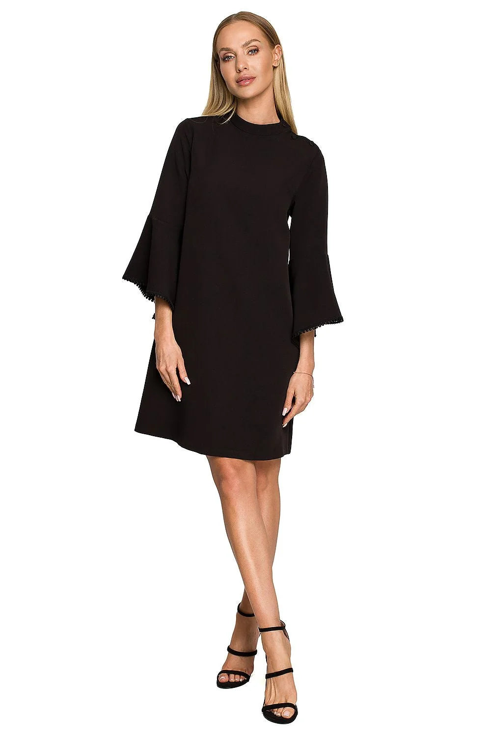 Robe de jour élégante vert vif manches trompettes franges noires coupe droite polyester 95% elasthanne 5% taille ajustable femme