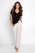 Pyjama femme confortable ensemble décontracté chemisier manches courtes encolure cœur pantalon rayé coton viscose