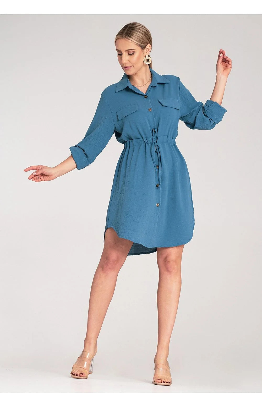 Robe de jour élégante chemise style décontracté manches ajustables ceinture taille ajustable robe polyester elasthanne S/M femme